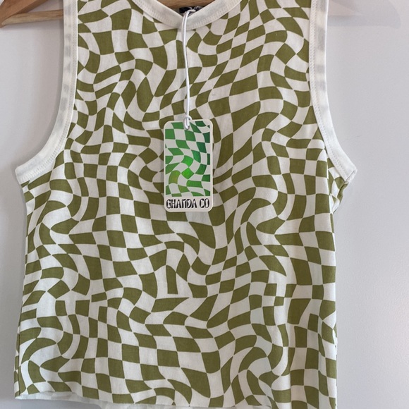 FUN GHANDA Green & White tank top size 10 retro groovy style with ghanda logo - Picture 2 of 10